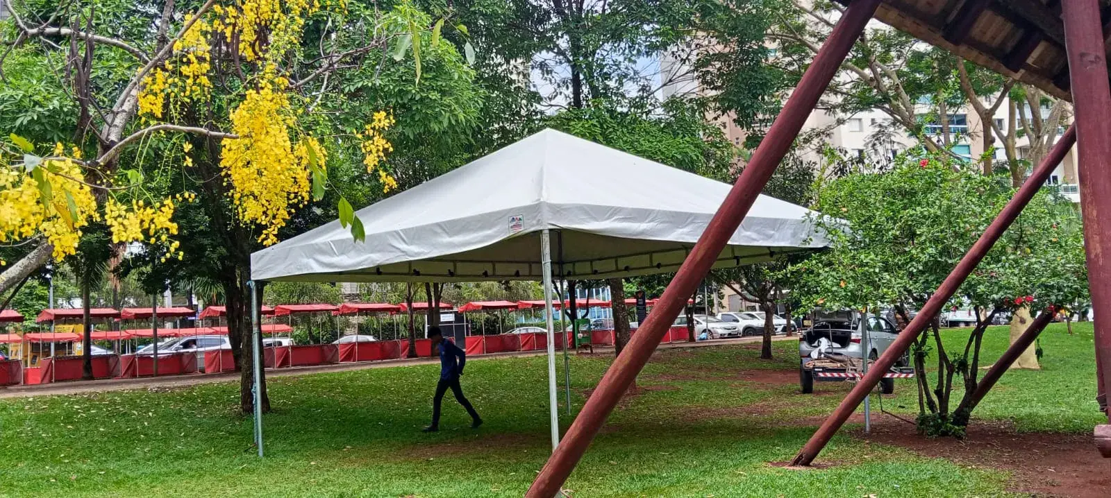 Tenda branca montada sobre a grama de um parque entre árvores